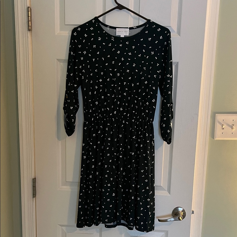 French Grey Dark Green Dress with White Floral Pattern